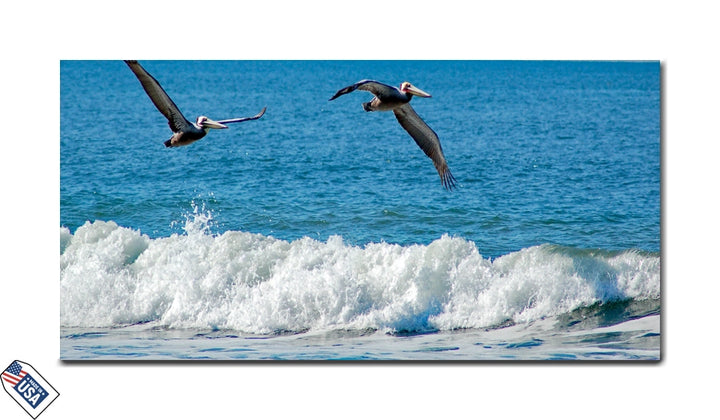 Ocean Flight - Pelicans Over Waves Wall Art
