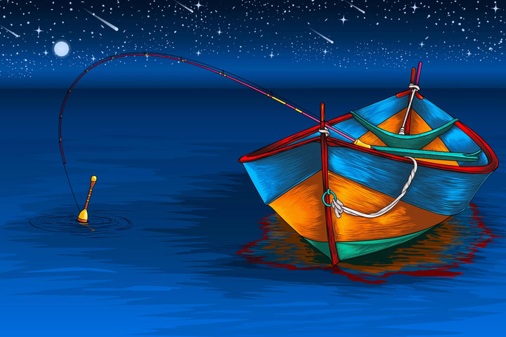Moonlit Harbor - Vibrant Nighttime Boat Scene