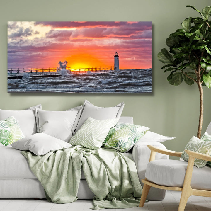 Radiance Amidst the Waves - Lighthouse at Sunset