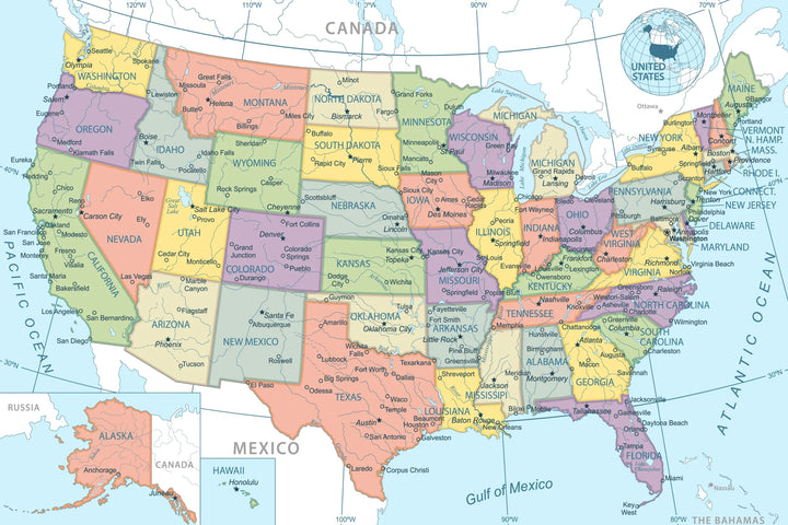 United States Political Map - Educational Wall Art