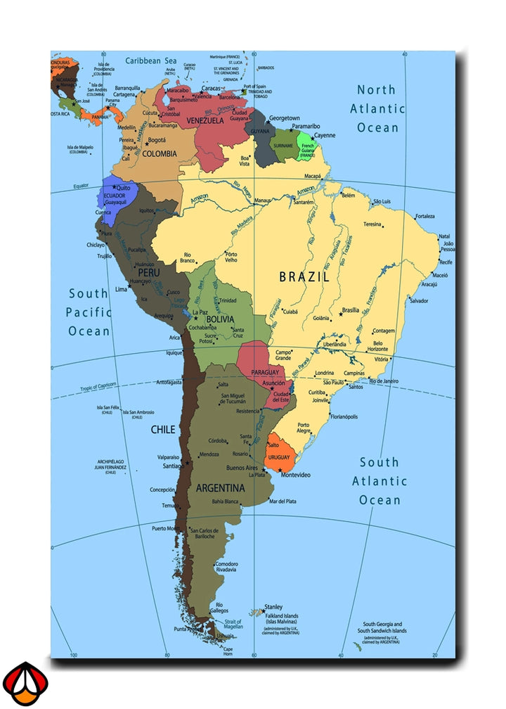 South America Political Map - Educational Wall Art
