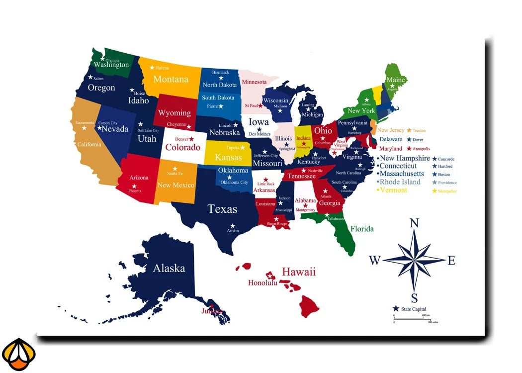 United States Political Map - State Capitals and Highlights