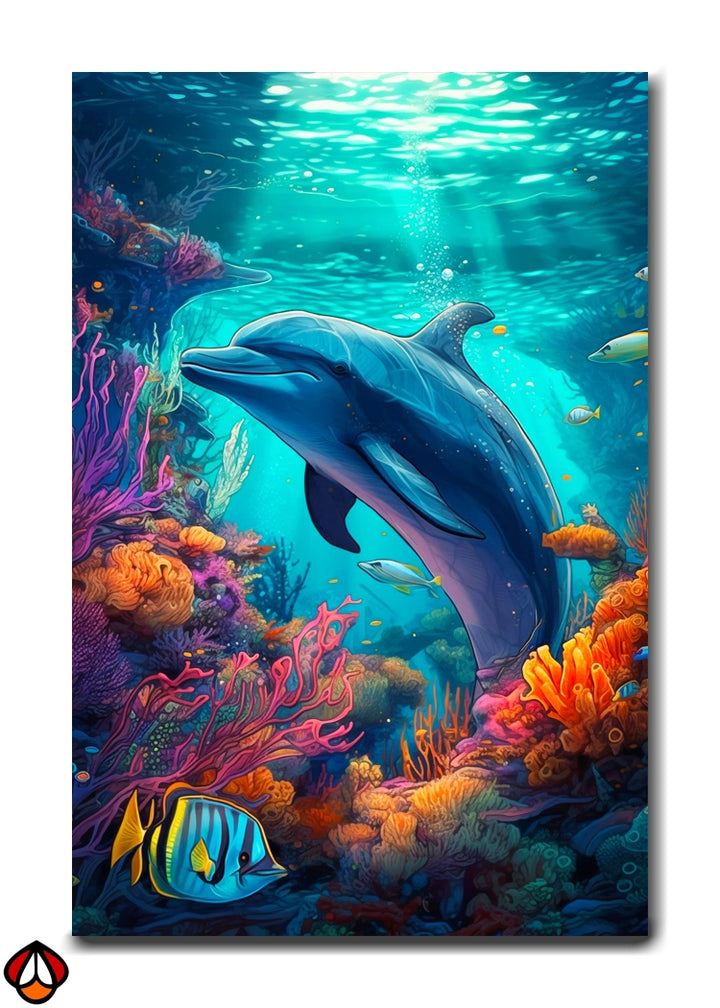 Playful Dolphin Among Coral Reefs - Underwater Wall Art