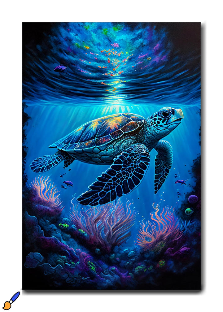 Radiant Sea Turtle in Vibrant Underwater World - Illuminated Canvas Art