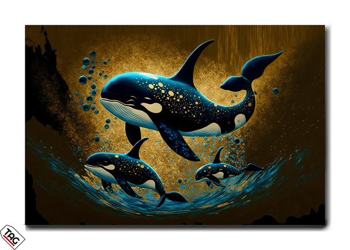 Celestial Orcas in Golden Waves - Dreamlike Canvas Art