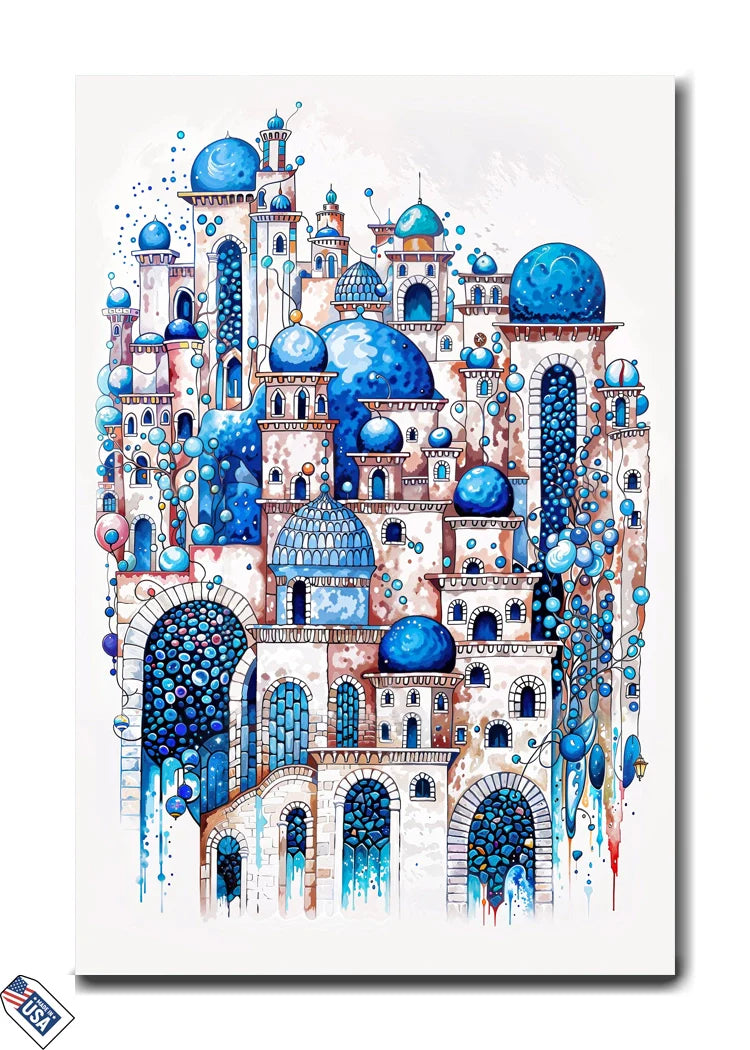 Whimsical Blue Cityscape - Abstract Architecture Wall Art