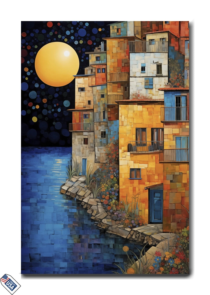 Moonlit Reflections - Colorful Village at Night Wall Art