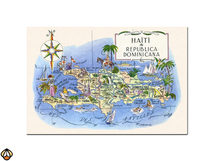 Haiti & Dominican Republic Illustrated Map - Vintage Wall Art