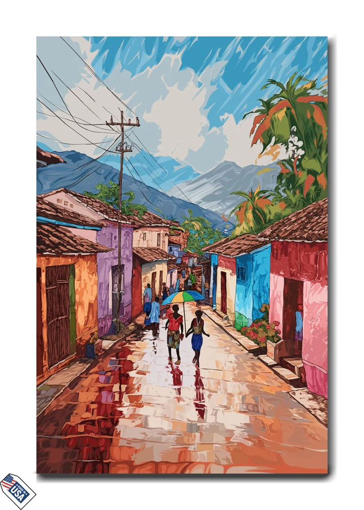 Tropical Street Vibes - Colorful Caribbean Village Wall Art